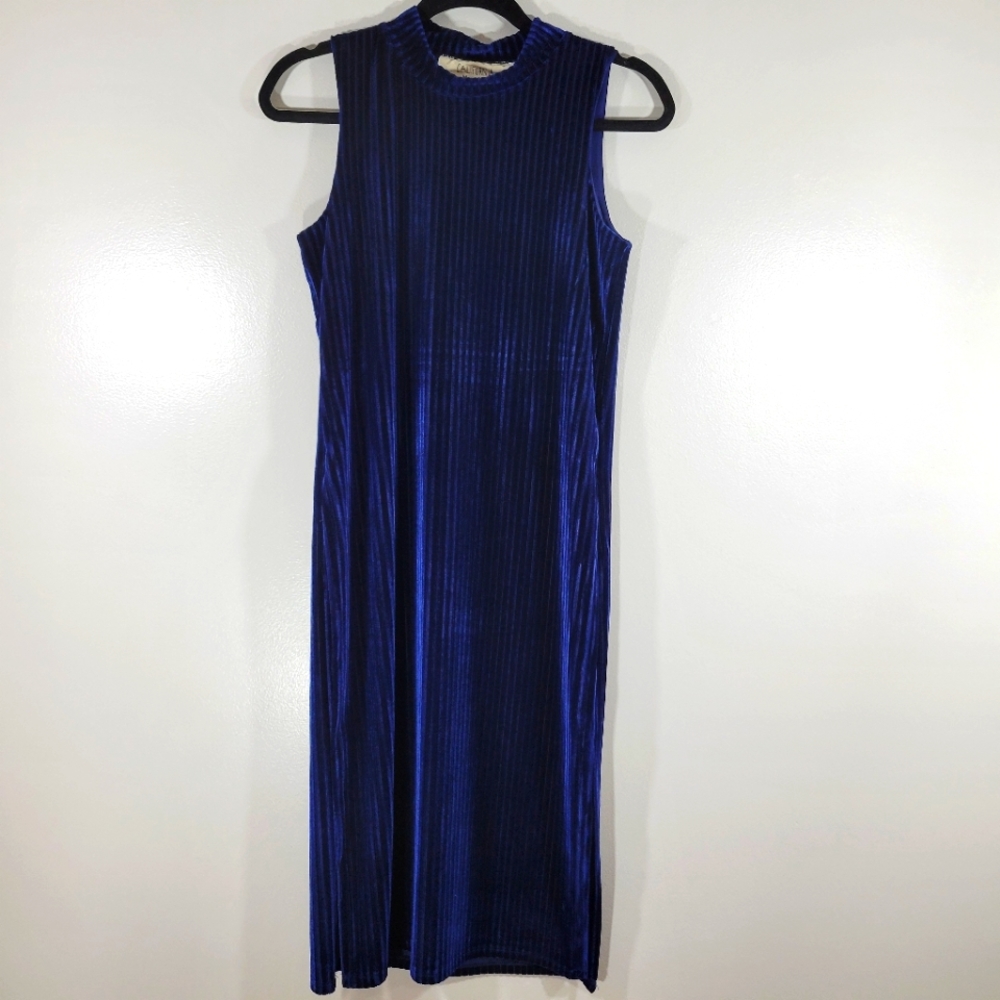 CALIFORNIA MOONRISE midnight blue ribbed velvet sleeveless mock neck midi dress